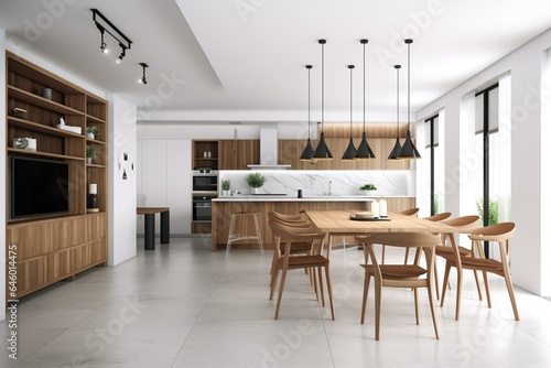 3D rendering of dining and kitchen area with white background. Generative AI