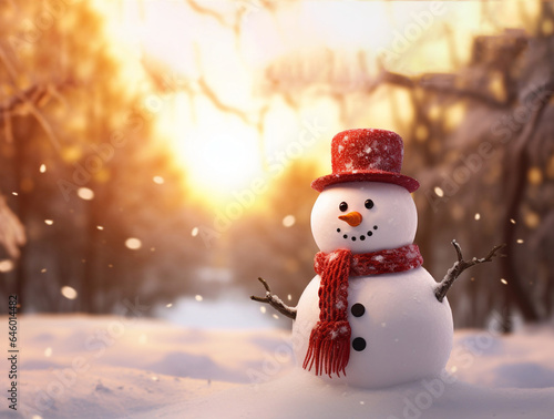 Christmas greeting card with Cheerful snowman in a snowy meadow © Алена Ваторина
