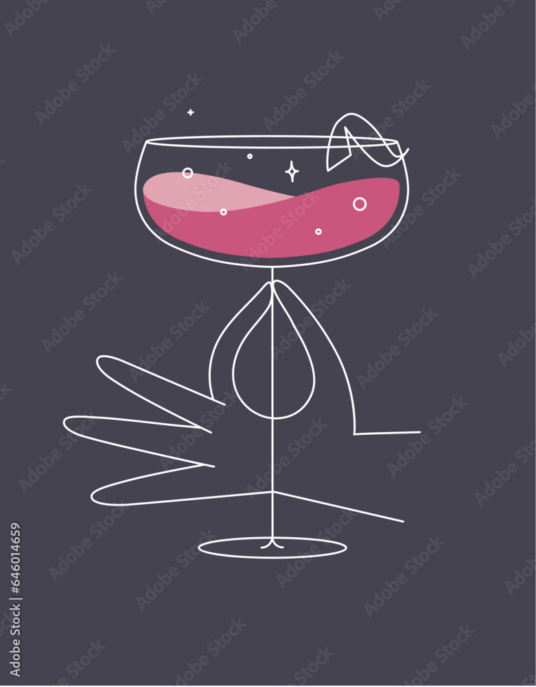 Hand holding glass of daiquiri cocktail drawing in flat line style on dark blue background