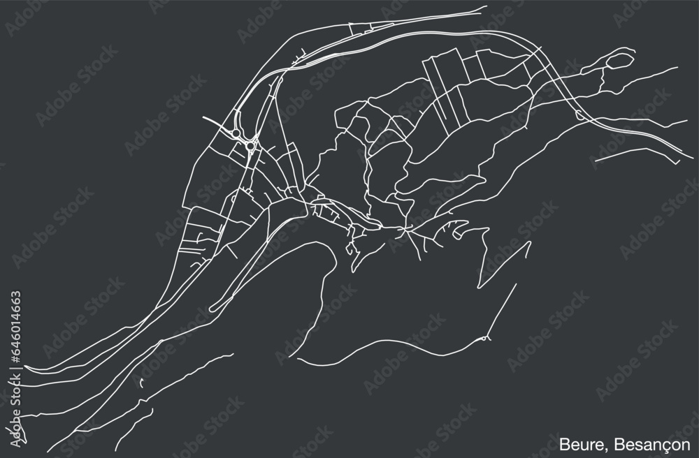 Detailed hand-drawn navigational urban street roads map of the BEURE COMMUNE of the French city of BESANCON, France with vivid road lines and name tag on solid background