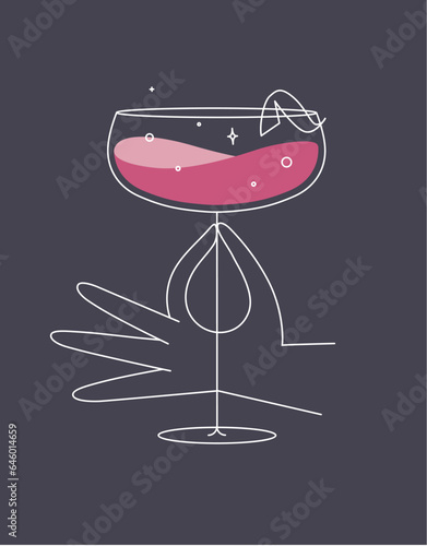 Obraz na płótnie Hand holding glass of daiquiri cocktail drawing in flat line style on dark blue background w salonie
