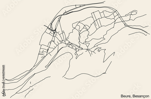 Detailed hand-drawn navigational urban street roads map of the BEURE COMMUNE of the French city of BESANCON, France with vivid road lines and name tag on solid background photo