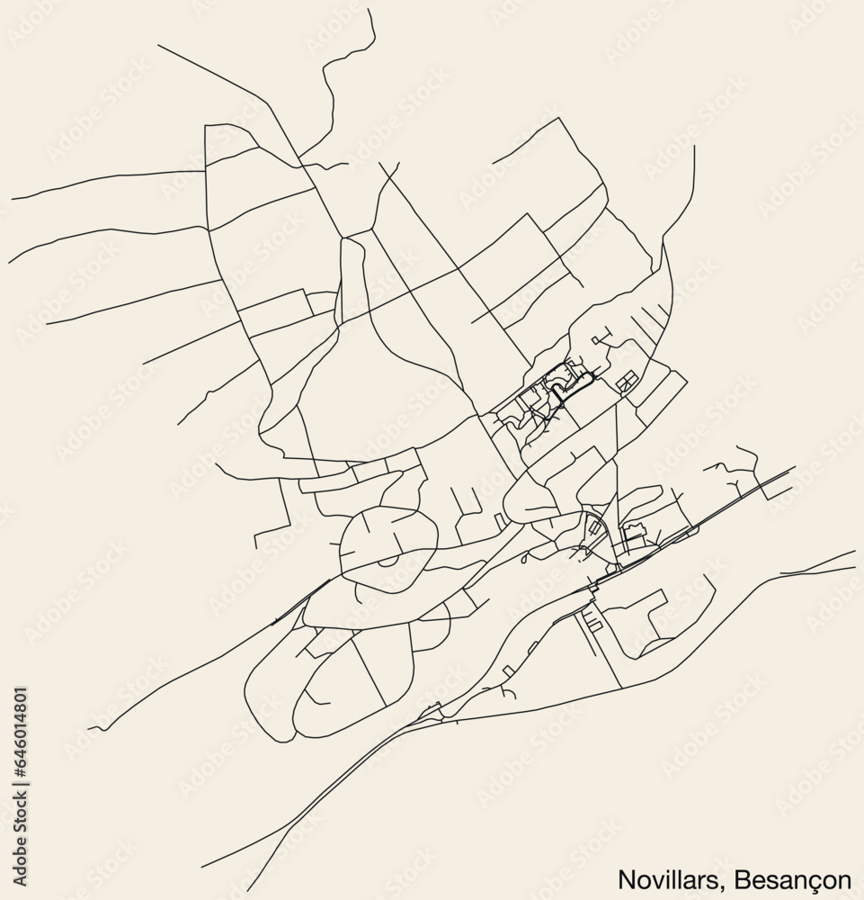 Detailed hand-drawn navigational urban street roads map of the NOVILLARS COMMUNE of the French city of BESANCON, France with vivid road lines and name tag on solid background