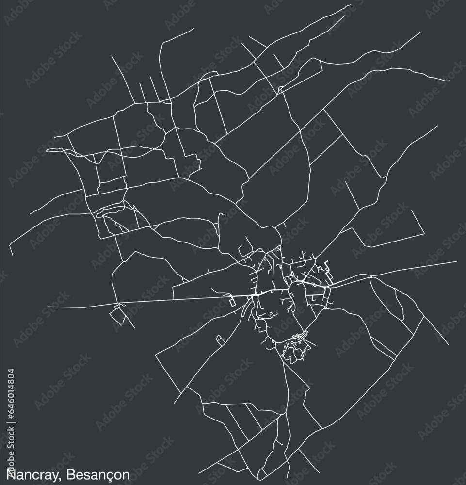 Detailed hand-drawn navigational urban street roads map of the NANCRAY COMMUNE of the French city of BESANCON, France with vivid road lines and name tag on solid background
