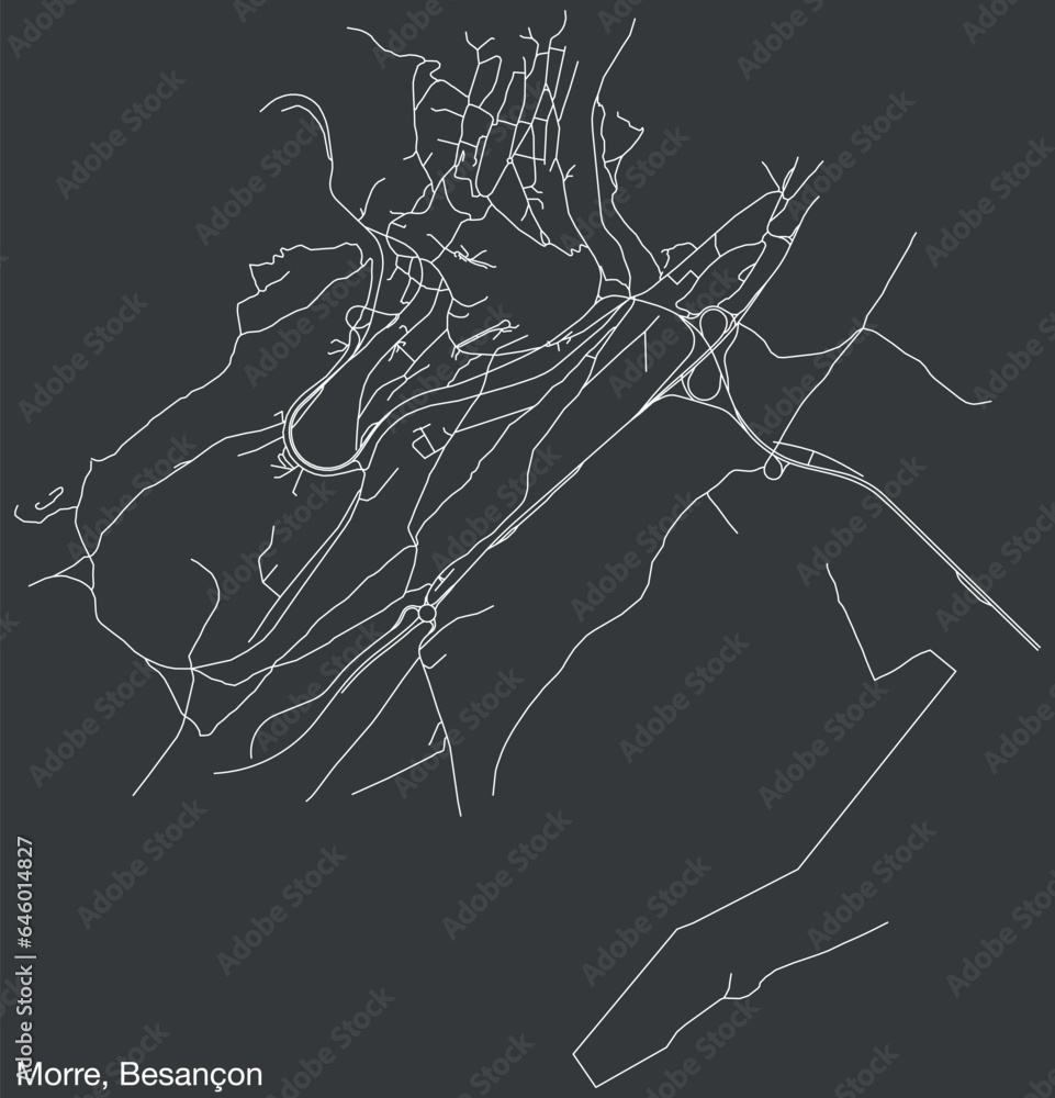 Detailed hand-drawn navigational urban street roads map of the MORRE COMMUNE of the French city of BESANCON, France with vivid road lines and name tag on solid background