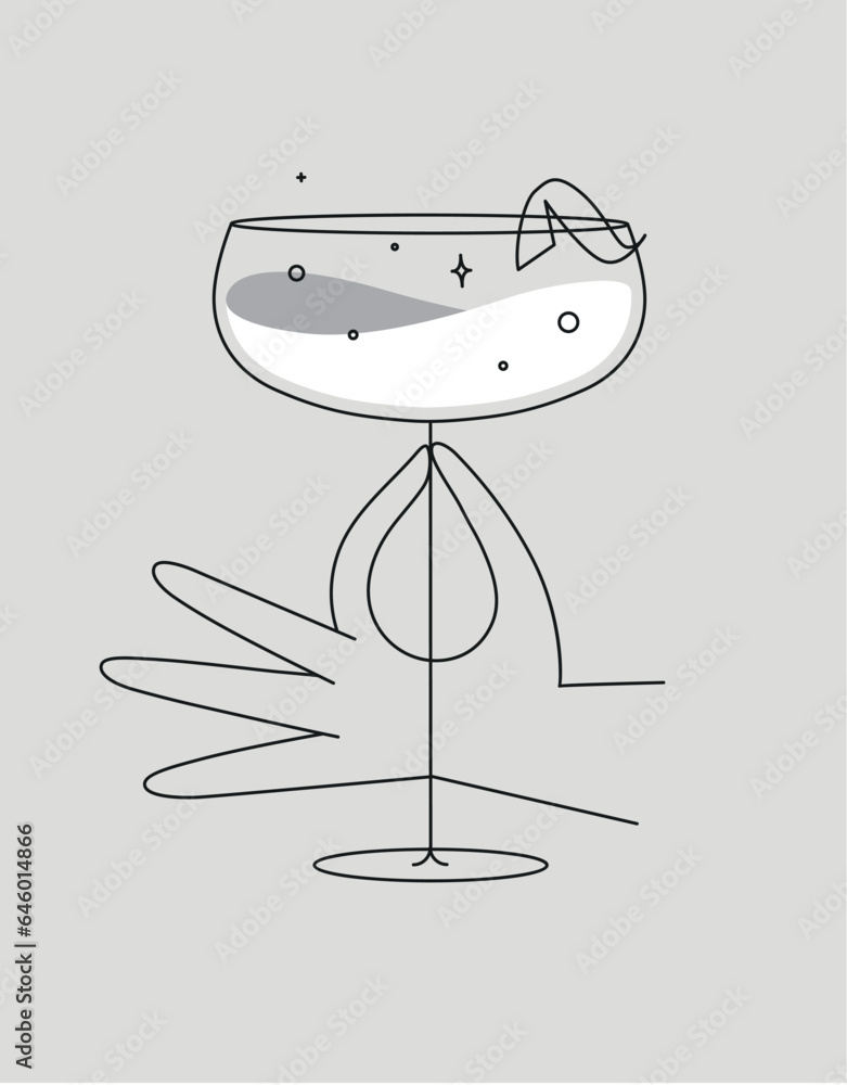 Hand holding glass of daiquiri cocktail drawing in flat line style on grey background
