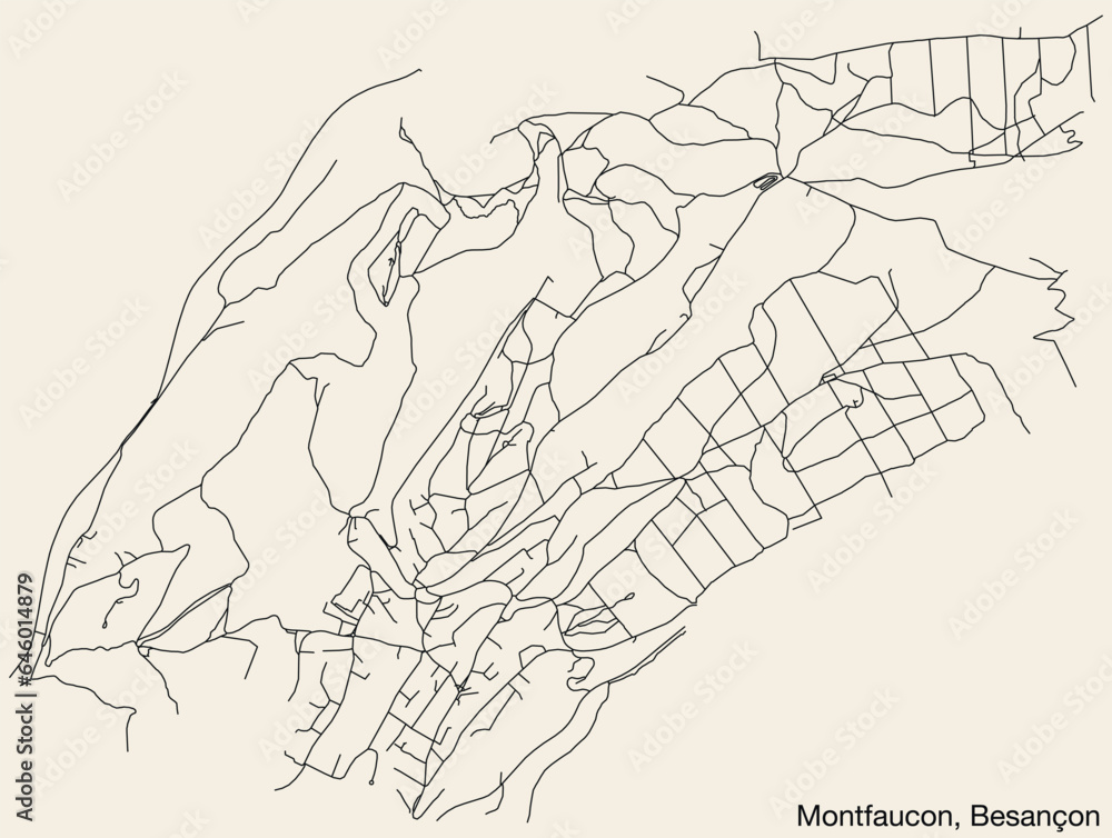 Detailed hand-drawn navigational urban street roads map of the MONTFAUCON COMMUNE of the French city of BESANCON, France with vivid road lines and name tag on solid background