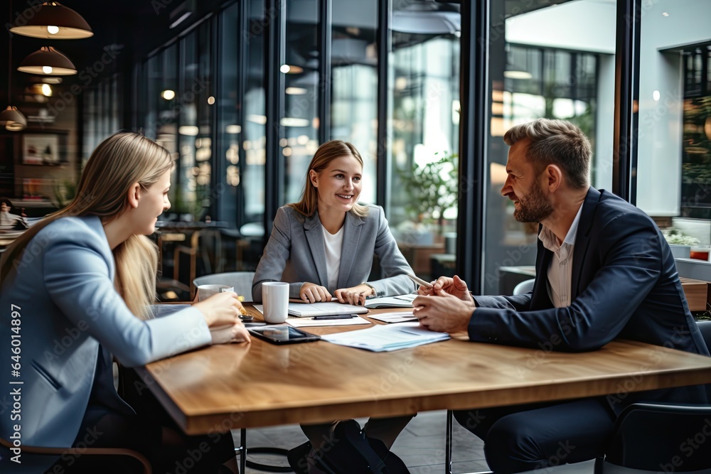 A group of businesspeople are sitting around a table and discussing a new project. A group of businesspeople are sitting around a table and discussing a new project.