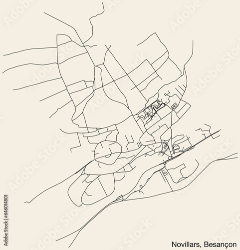 Detailed hand-drawn navigational urban street roads map of the NOVILLARS COMMUNE of the French city of BESANCON  France with vivid road lines and name tag on solid background