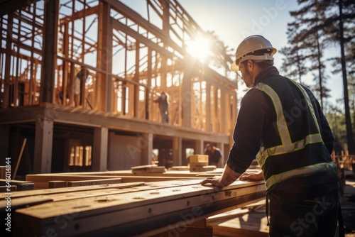 Male foreman working on a construction site in front of a new house
