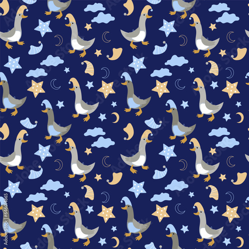 Vector seamless pattern with funny geese in nightcaps, stars, clouds and the moon. Animal character cute child background