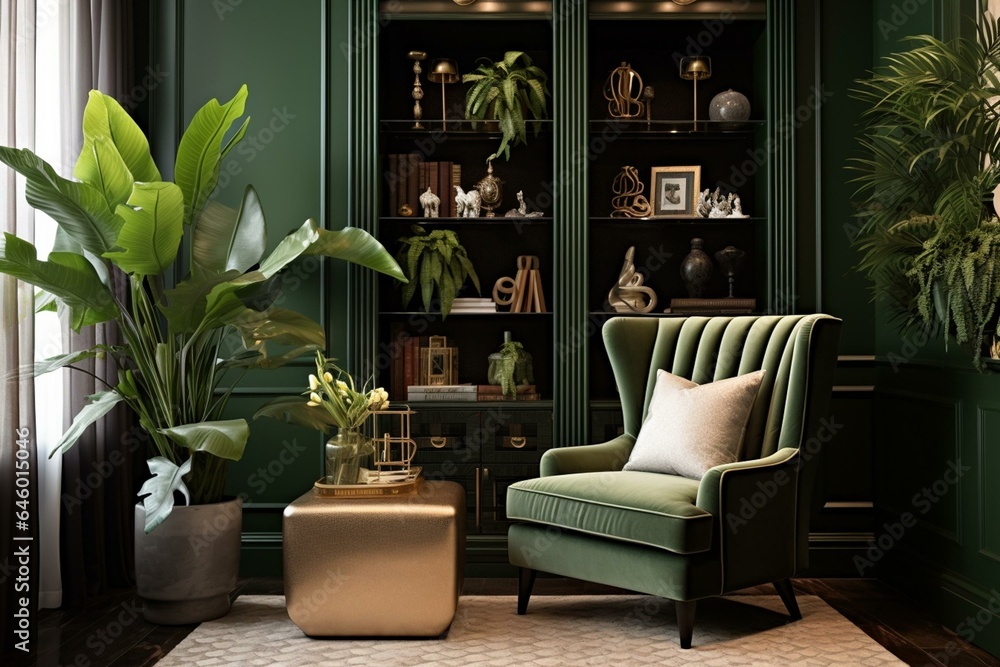 Elegant room with stylish chair, lavish cabinet, plants, jewelry display, shelf, green panels & contemporary decor. Generative AI