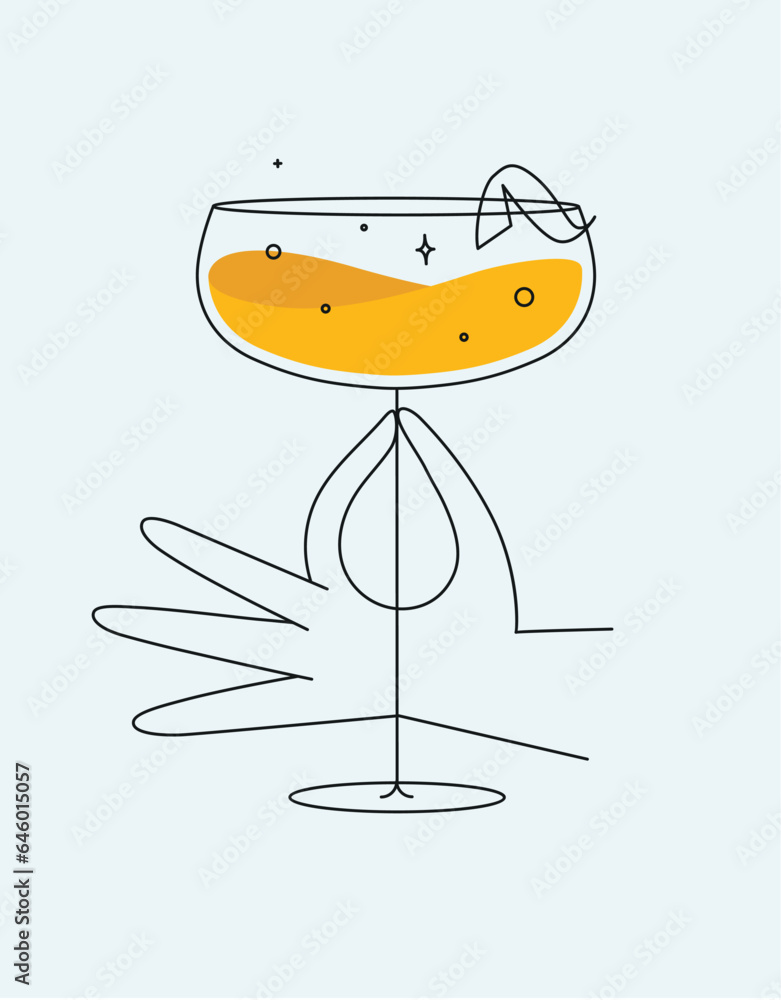 Hand holding glass of daiquiri cocktail drawing in flat line style on light background
