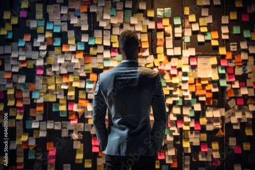 Rear view of businessman looking at colorful sticky notes on wall in office