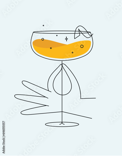 Hand holding glass of daiquiri cocktail drawing in flat line style on light background