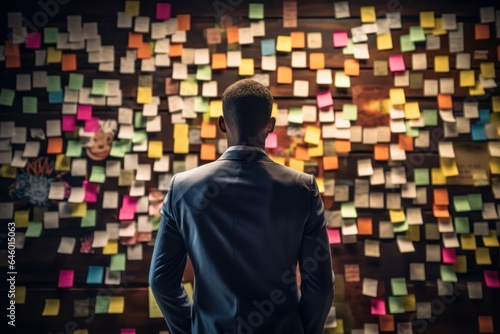 Rear view of businessman looking at colorful sticky notes on wall in office