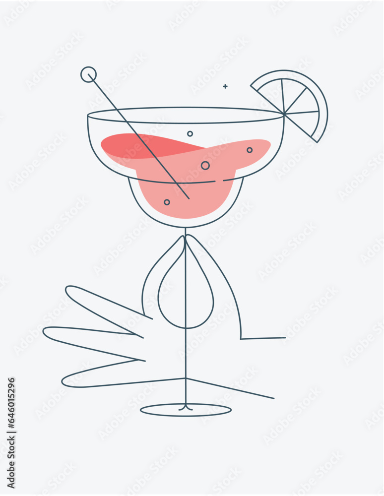 Hand holding glass of margarita cocktail drawing in flat line style