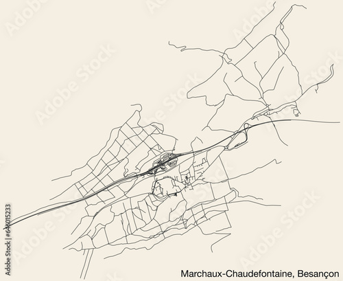 Detailed hand-drawn navigational urban street roads map of the MARCHAUX-CHAUDEFONTAINE COMMUNE of the French city of BESANCON, France with vivid road lines and name tag on solid background
