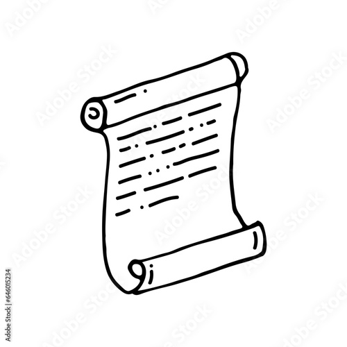 A scroll is a long sheet of writing material rolled into a roll. Papyrus, parchment, ancient manuscript. Doodle. Hand drawn. Vector illustration. Outline.