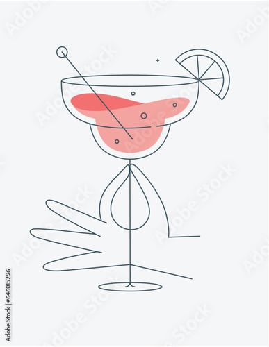 Obraz na płótnie Hand holding glass of margarita cocktail drawing in flat line style w salonie