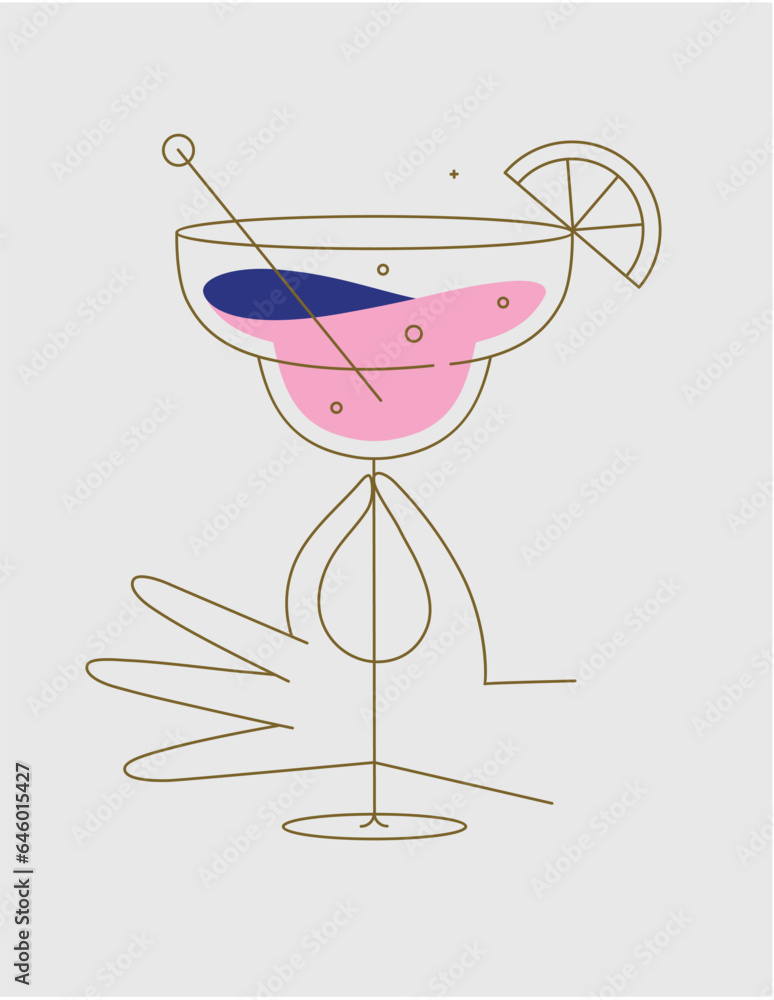 Hand holding glass of margarita cocktail drawing in flat line style on beige background