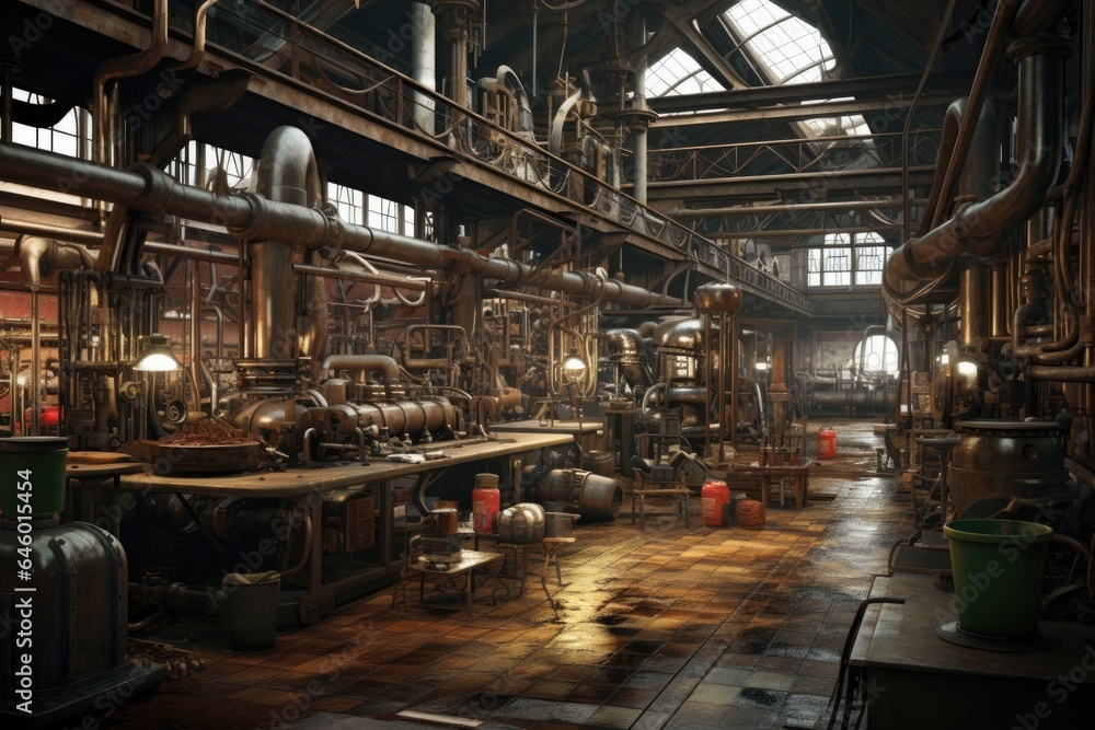 Old factory with rusty machinery and scattered tools.