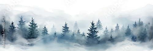 Watercolor painting of a foggy forest landscape.