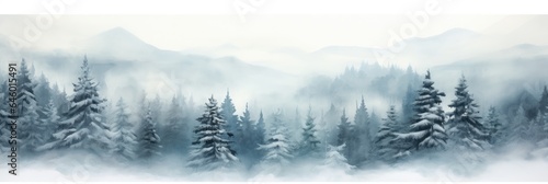 Watercolor painting of a foggy forest landscape.