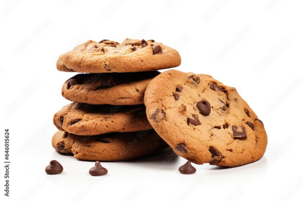 A stack of chocolate chip cookies isolated on a white background.