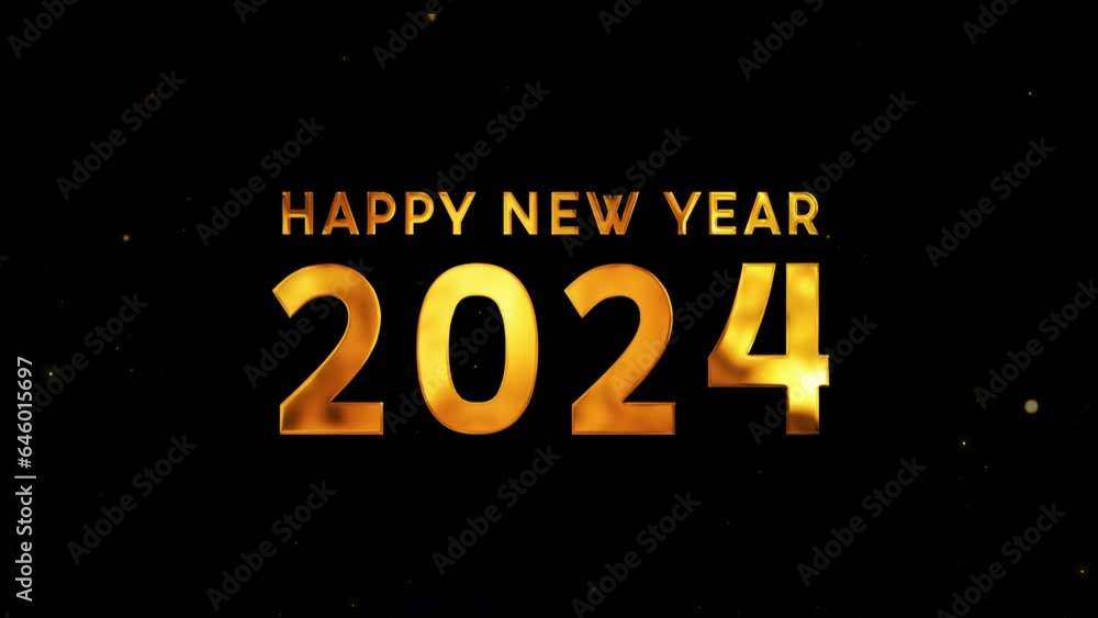 Happy New Year 2024 greetings whit golden text on black background.particles and glittering stars.New year concept.animated holiday season social post digital card. Happy New Year 2024 greetings whit golden text on black background.particles and glittering stars.New year concept.animated holiday season social post digital card.