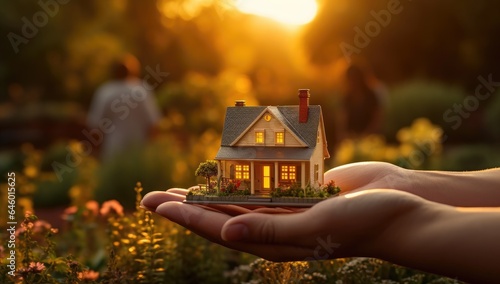 Small house in a human hand. New home, business, investment and real estate concept. 