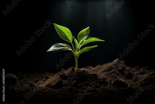 A green plant growing from dirt with leaves on soil, on a dark background with a black background. Generative AI