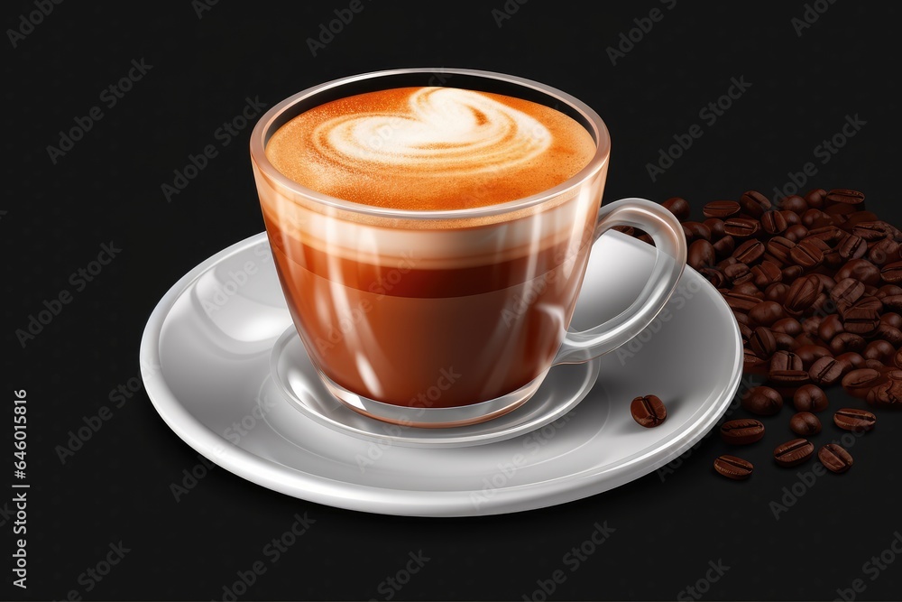 Obraz premium A cup of coffee with a heart-shaped foam design on a saucer next to coffee beans.