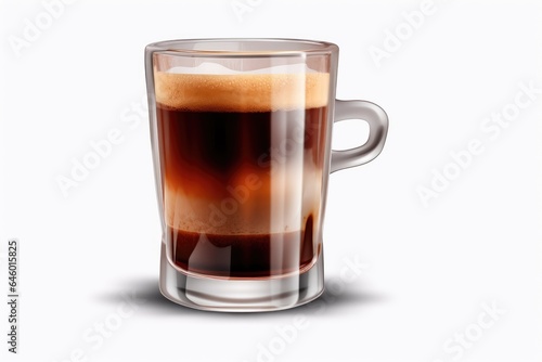 A glass cup of cappuccino with a generous layer of foamy milk on a white background.