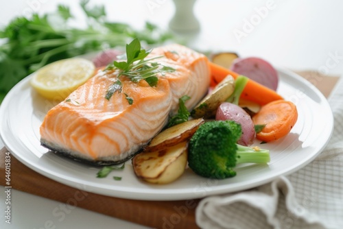 A nutritious meal prepared using an air fryer: salmon and vegetables placed on a white table. Generative AI