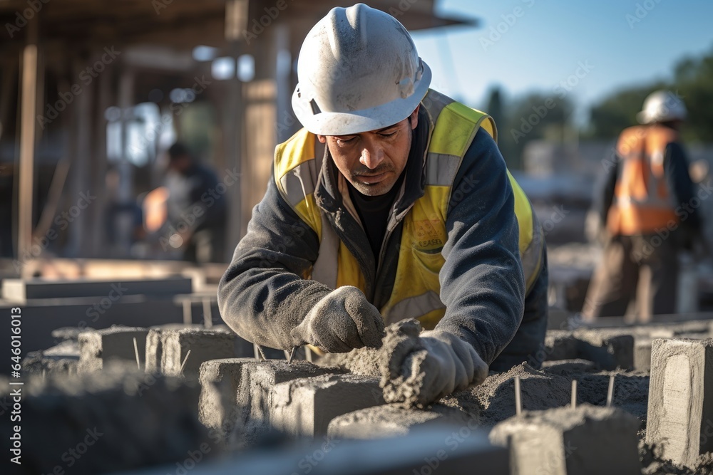 A construction worker wearing a hard hat and yellow vest lays grey bricks on a construction site. A construction worker wearing a hard hat and yellow vest lays grey bricks on a construction site.