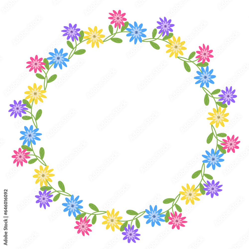 spring art drawn flowers round frame cartoon style