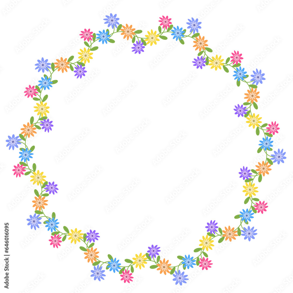 spring art drawn flowers round frame cartoon style