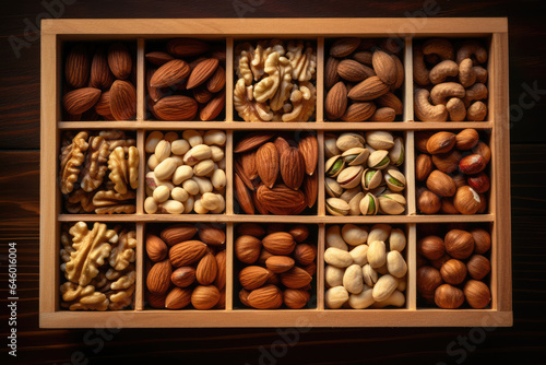 Top view of various nuts in a wooden box