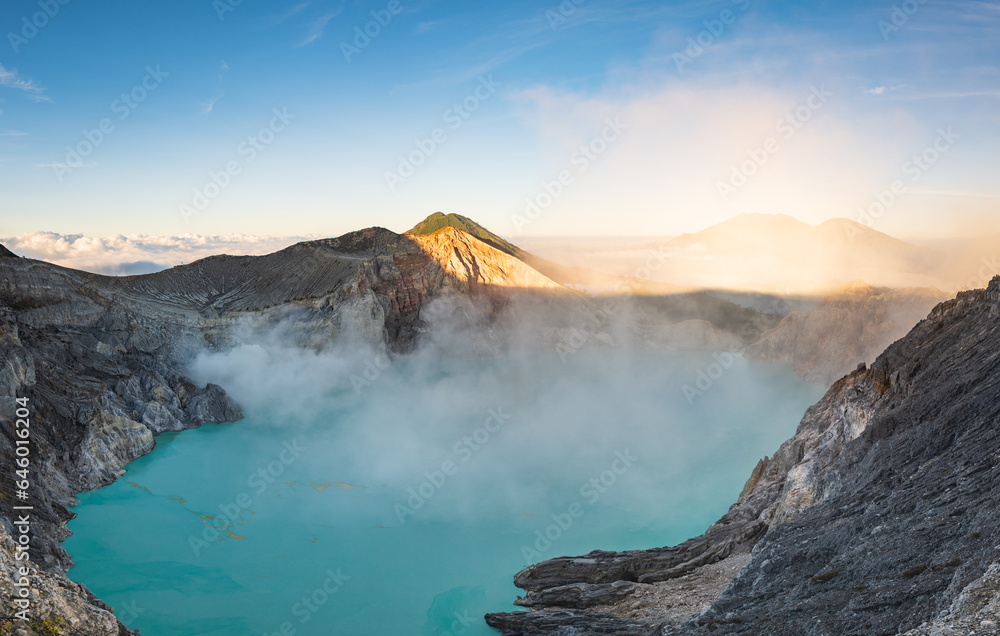 Mount Ijen, a volcano and sulphur mine located near Banyuwangi in East Java, Indonesia. Panoramic image of Ijen crater, a famous touristic destination for tourists in Java island, Indonesia. Mount Ijen, a volcano and sulphur mine located near Banyuwangi in East Java, Indonesia. Panoramic image of Ijen crater, a famous touristic destination for tourists in Java island, Indonesia.