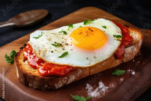 A close-up of a fried egg on toast with tomato sauce and herbs.