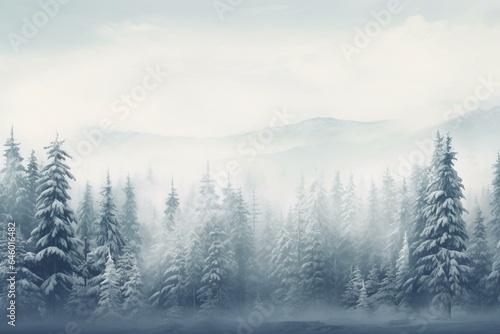 Winter forest with pine trees in hazy atmosphere. Panorama of scenic winter forest. 3D rendered image. Generative AI