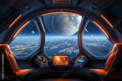 Interior of a spaceship with a view of a planet from the window. Generative AI