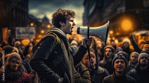A young protester at a demonstration with a megaphone in his hand. He fights for a better future, for human rights, gender equality and against climate change.