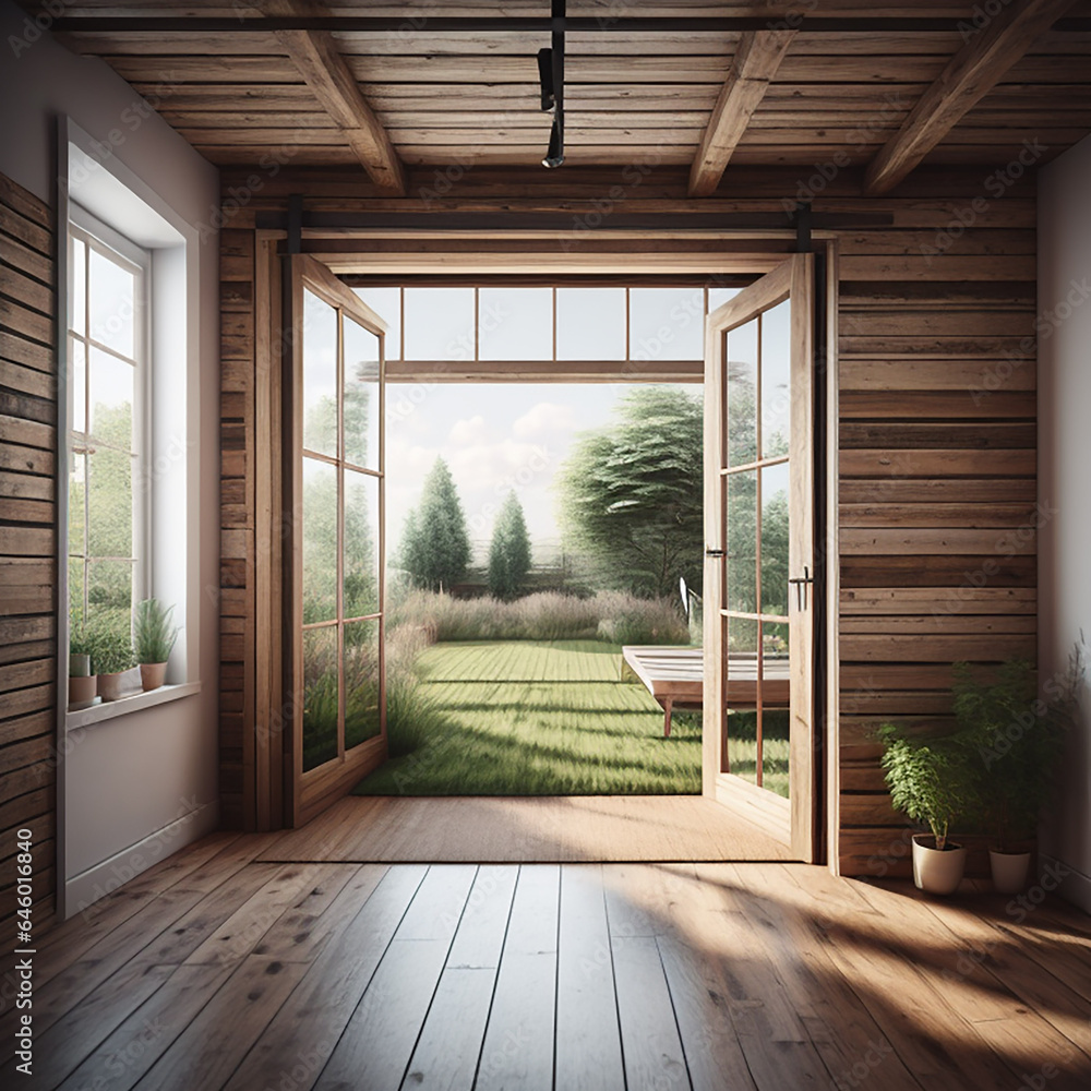 Obraz premium Modern empty room with open doors interior design generated.Ai