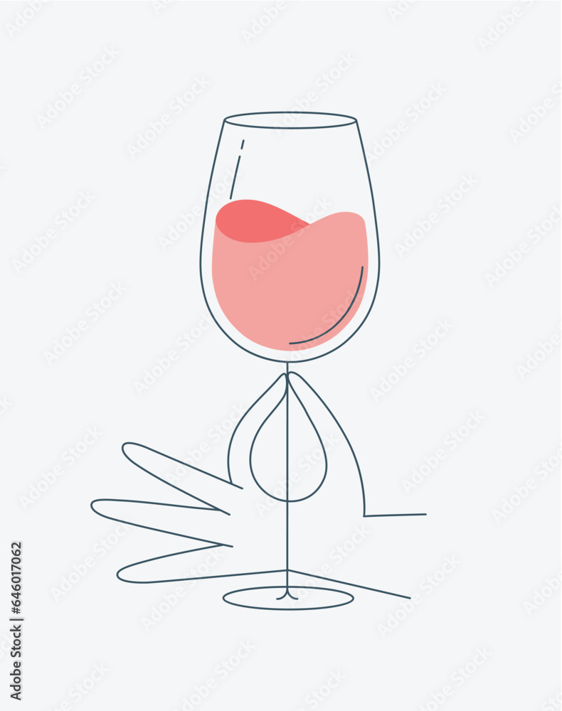 Hand holding glass of wine drawing in flat line style