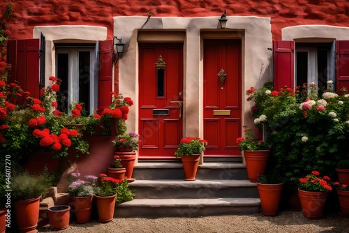 a red front door of a French brick house. Pots with flowering plants are placed next to the house - AI Generative © Being Imaginative