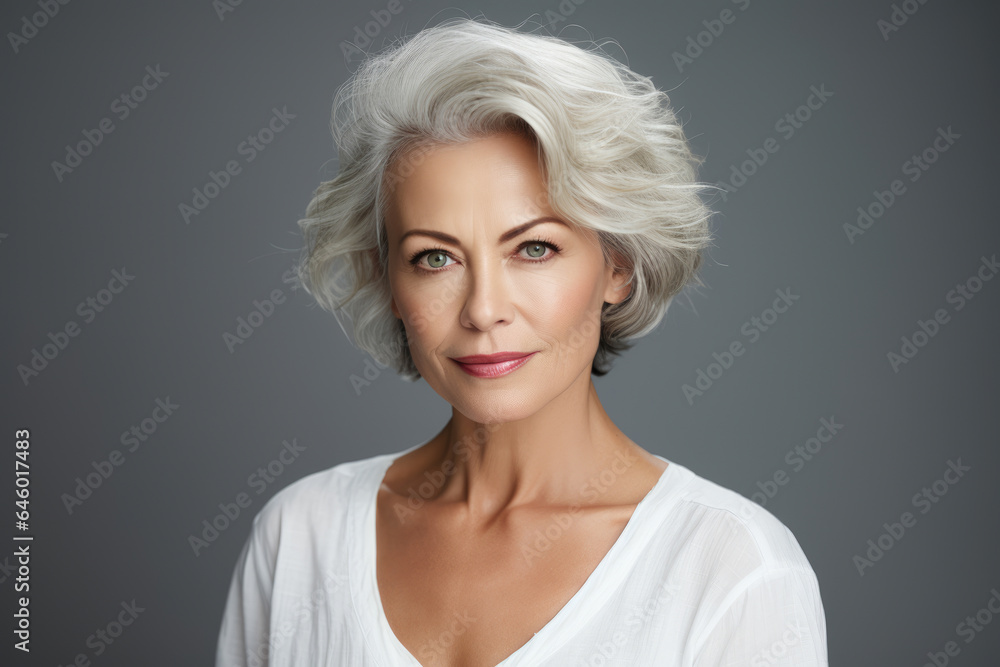 Close-up of a mid-50s online marketing specialist with gray hair, dressed in a white casual V-neck shirt, posing against a gray and white background.