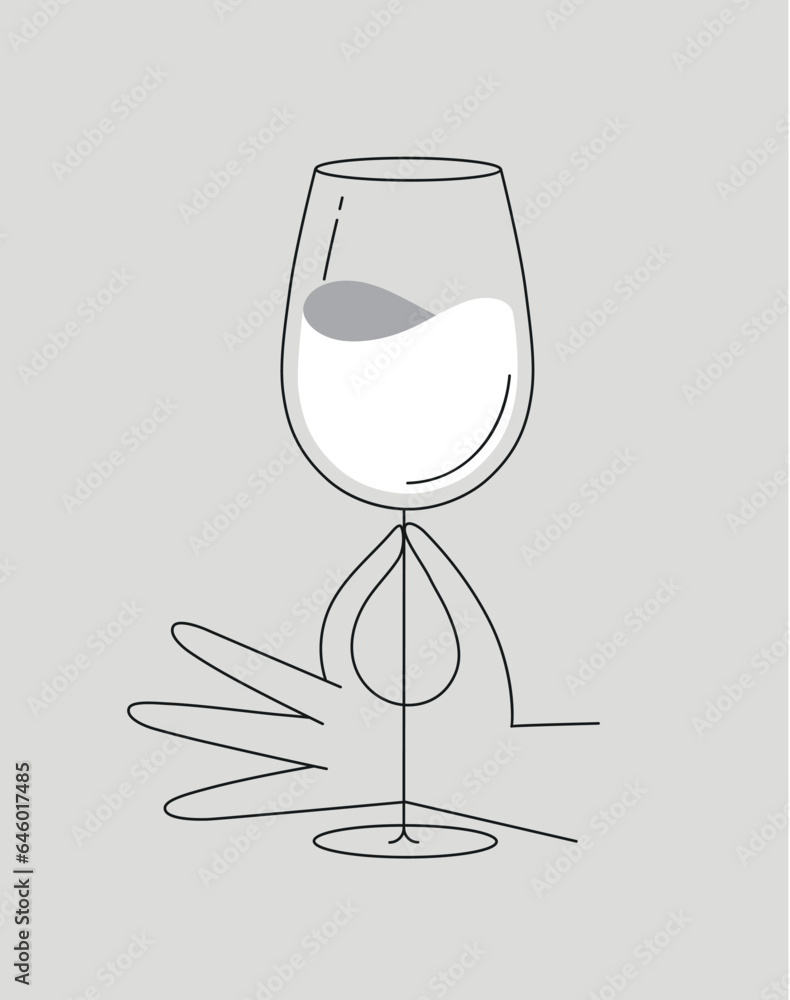Hand holding glass of wine drawing in flat line style drawing on dark blue background