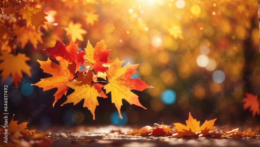 Falling autumn maple leaves on colorful blurred background with sunlight and bokeh natural view